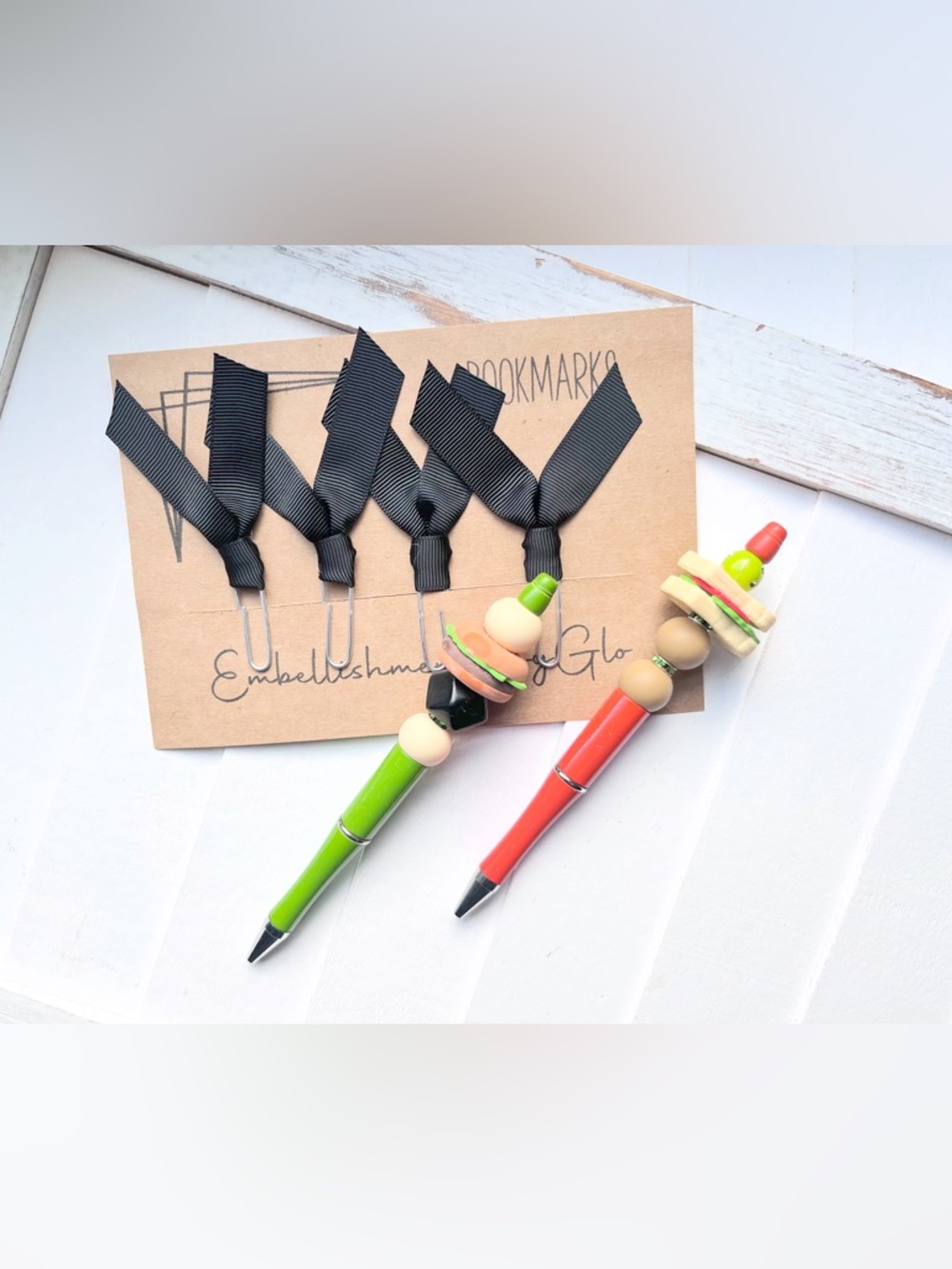 New Handmade beaded Novelty Pens with Black Ribbon Bookmarks